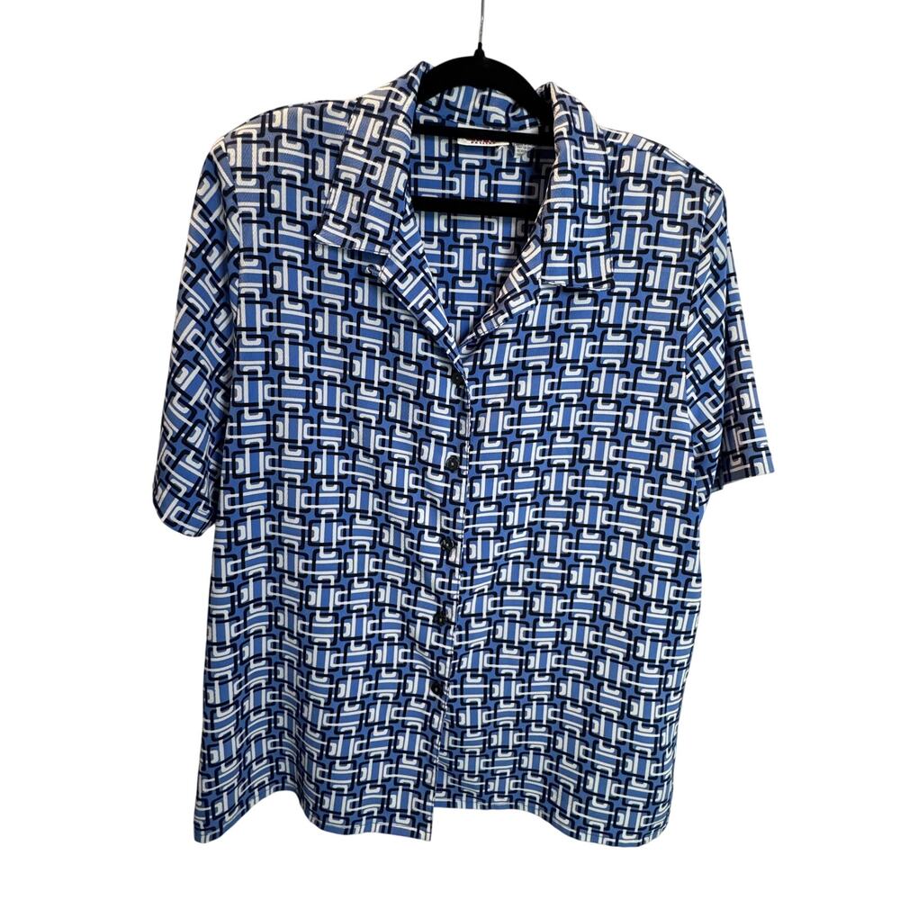 Vintage Alia Petites Blue Geometric Button Up Blouse Shirt w/ Shoulder Pads 16